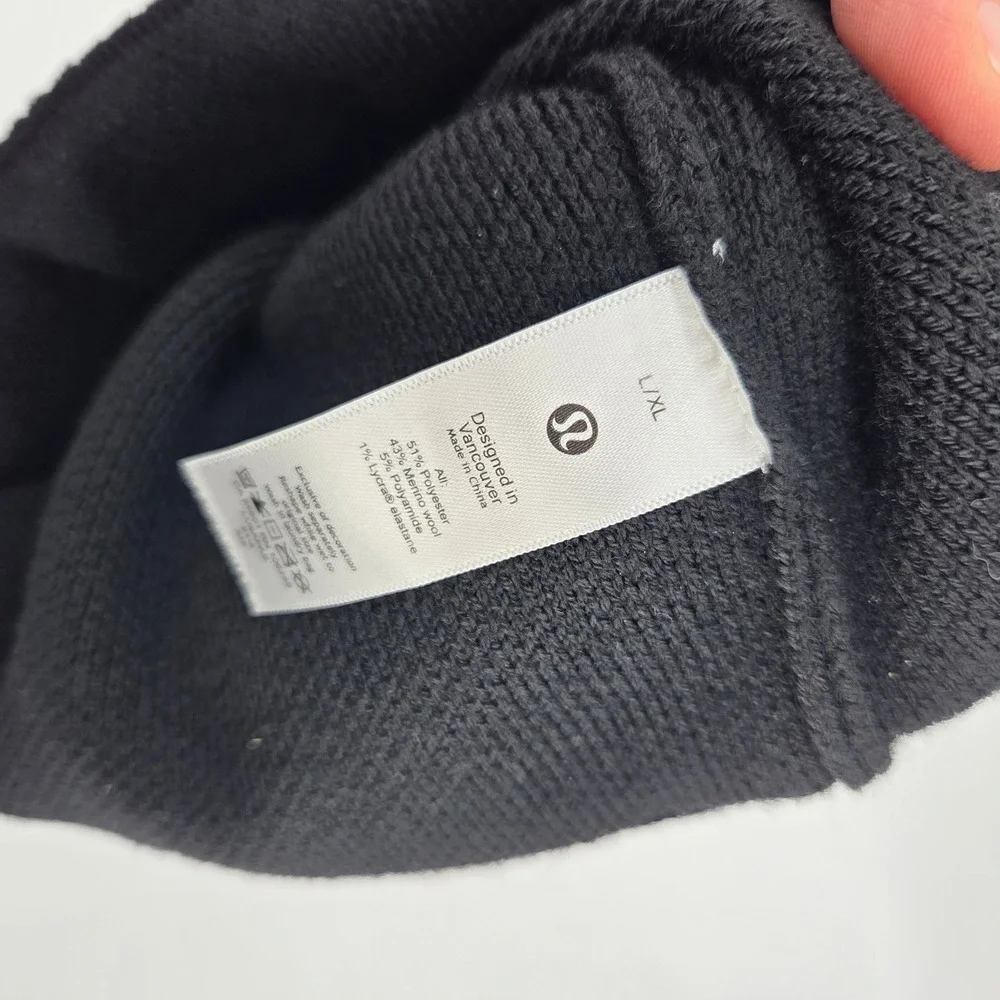 Lululemon Beanie Hat L/XL Black Merino Wool Blend Ribbed‎ Athletic Gorpcore